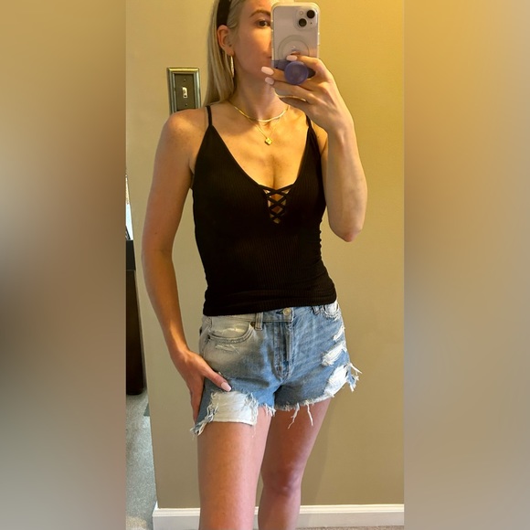 Intimately by Free People Black Seamless Ribbed Cross Front Camisole - Picture 5 of 11